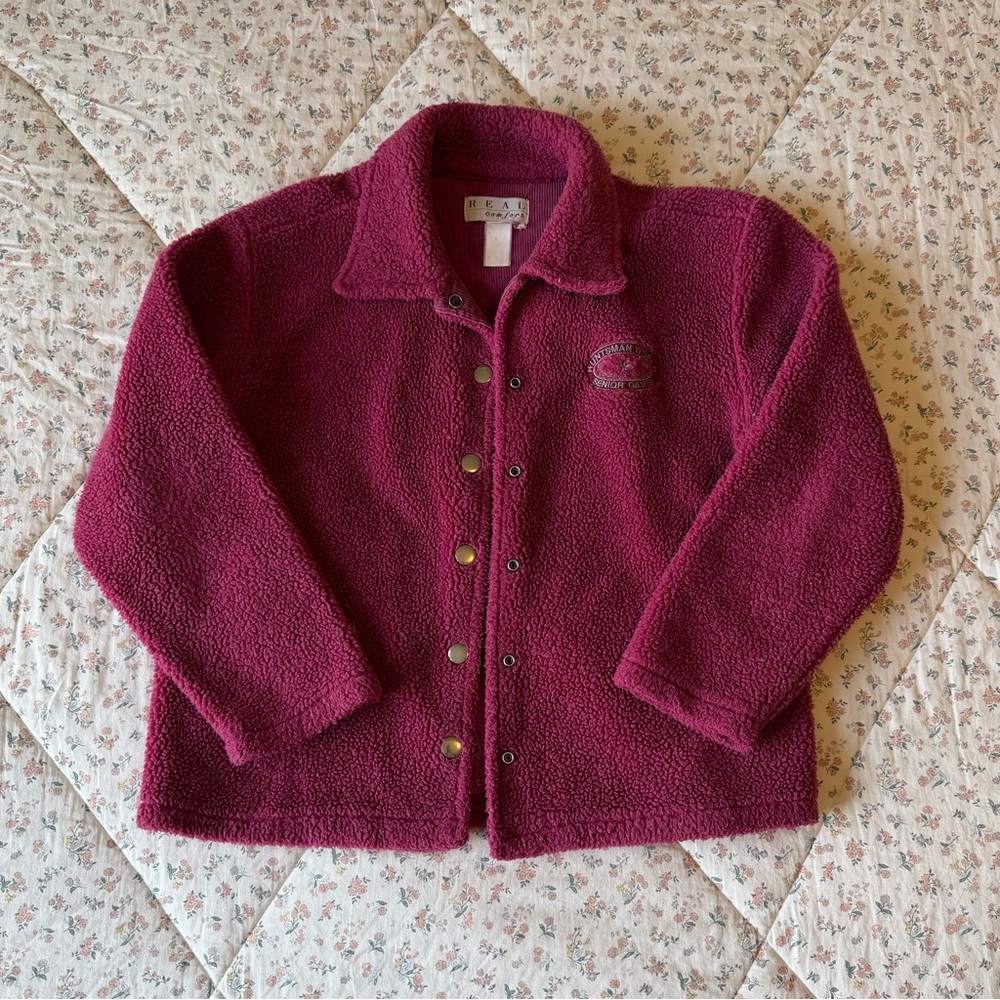 Vintage Deep Berry Teddy Jacket with Snap Front
